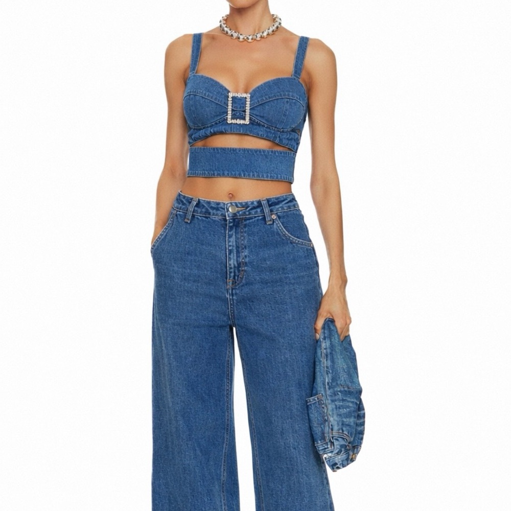 Y2K bling embellished buckle denim cut out Bustier Corset Cowgirl crop top large